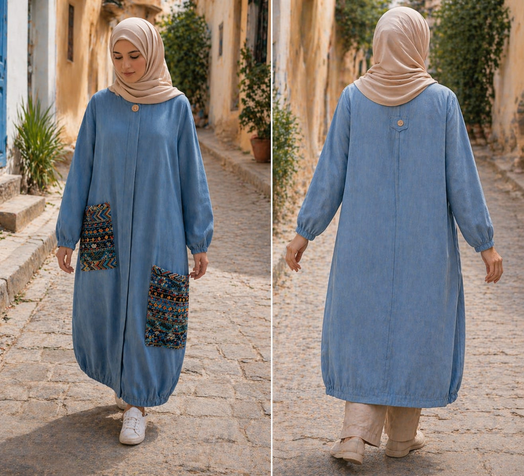 Robe longue bleue avec détails artisanaux –  Collection BORDAH
