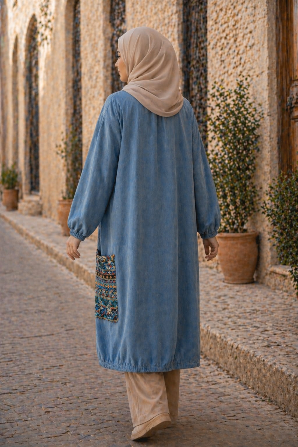 Robe longue bleue avec détails artisanaux –  Collection BORDAH