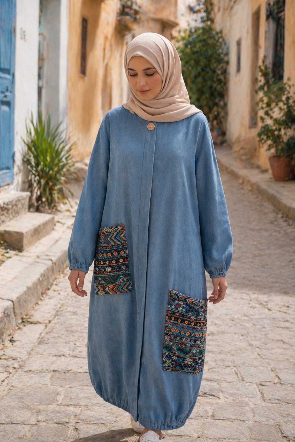 Robe longue bleue avec détails artisanaux –  Collection BORDAH