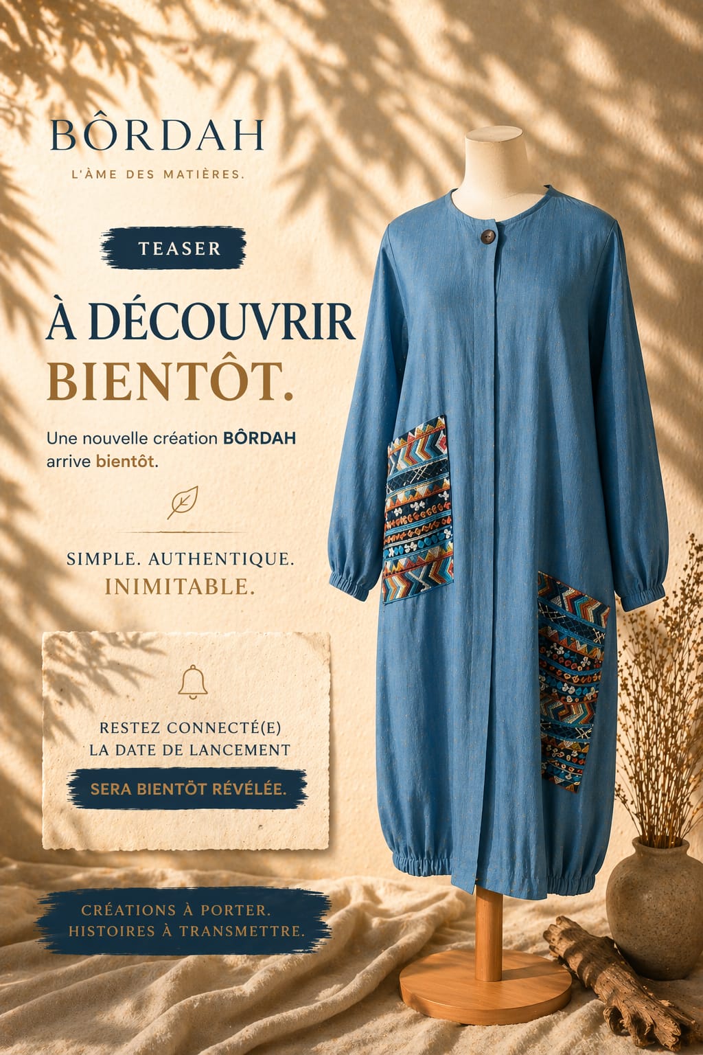 Robe longue bleue avec détails artisanaux –  Collection BORDAH