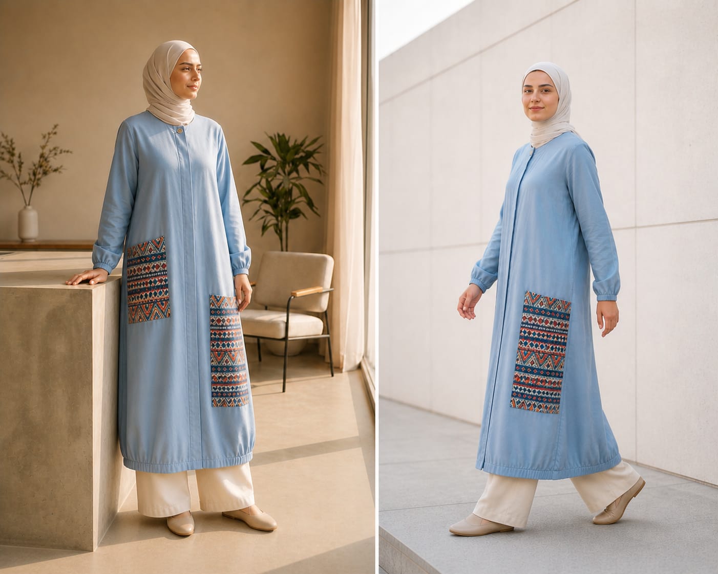 Robe longue bleue avec détails artisanaux –  Collection BORDAH