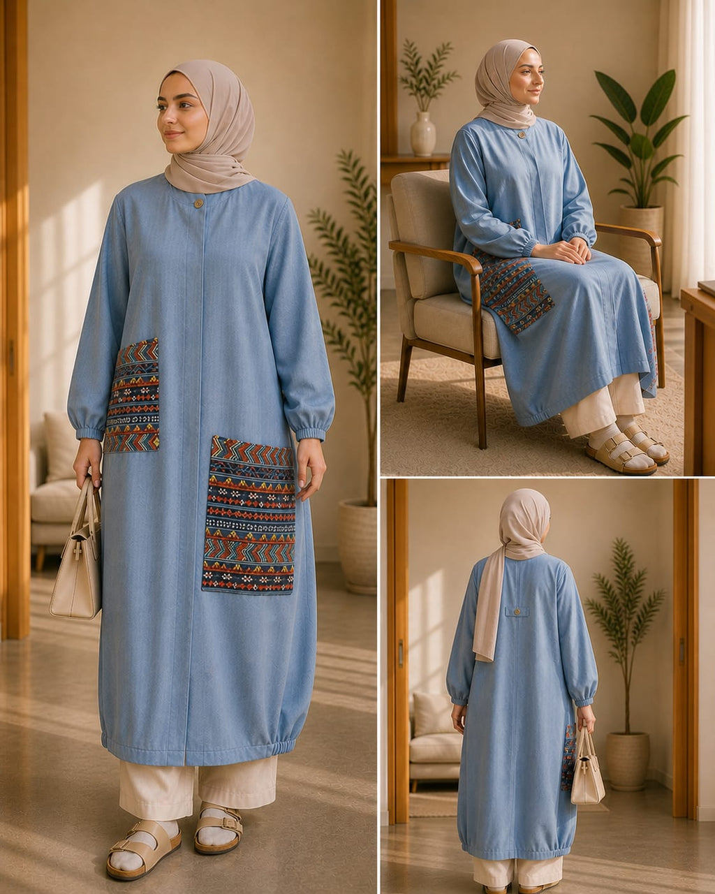 Robe longue bleue avec détails artisanaux –  Collection BORDAH