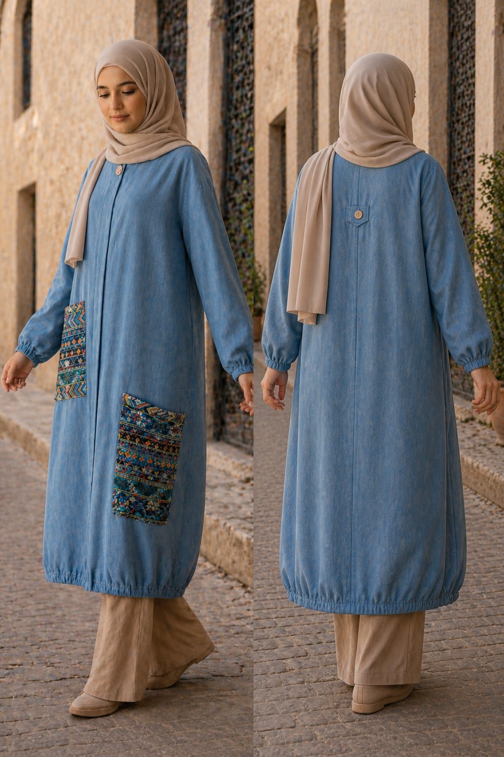 Robe longue bleue avec détails artisanaux –  Collection BORDAH