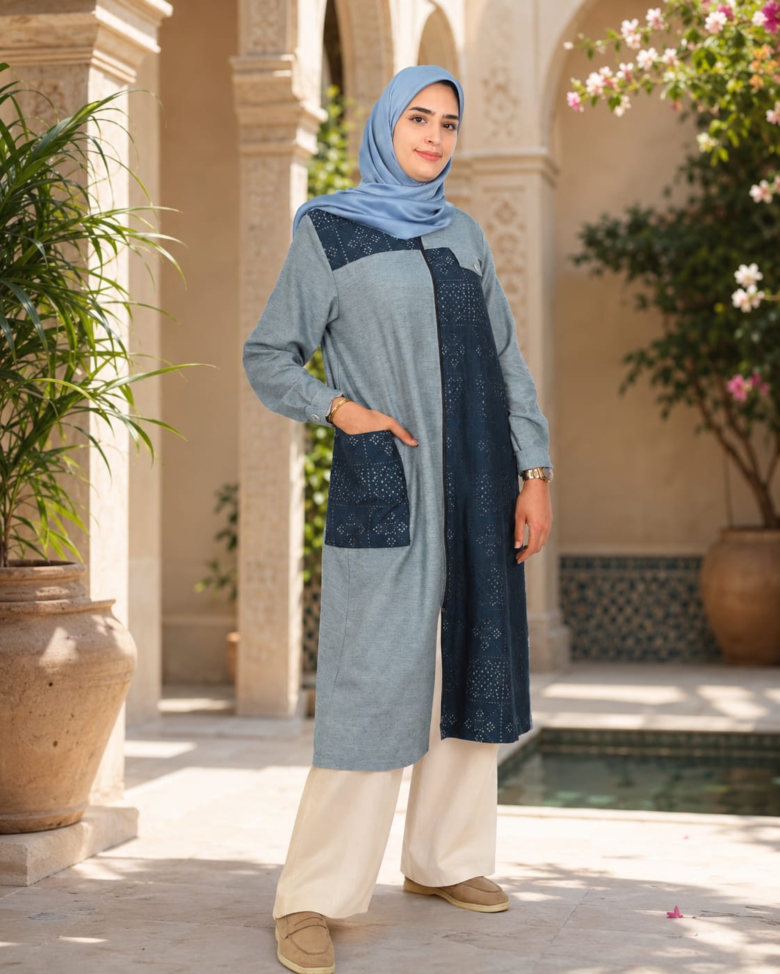 Tunique Dentelle bleue  jean-coton