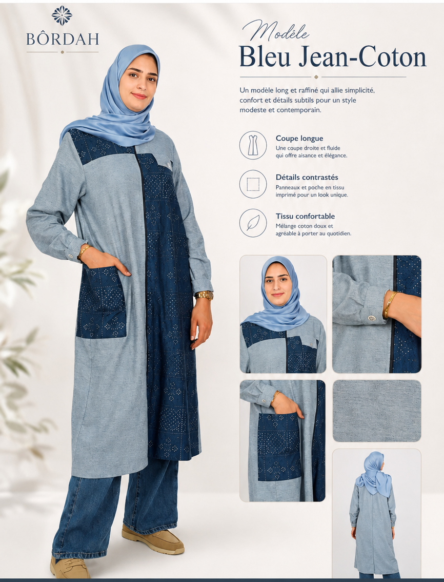 Tunique Dentelle bleue  jean-coton